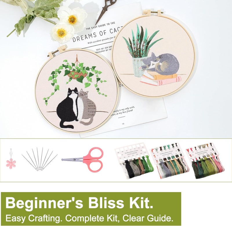 Santune 3 Pack Embroidery Kit for Beginners with Pattern, Cross Stitch Kits for Adults with Instructions,Needlepoint Kits for Adults Include 1 Embroidery Hoops,Color Threads and Needles(Cat) - Image 3